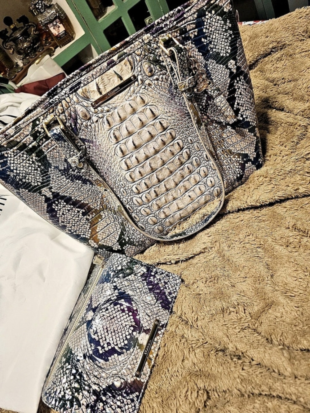 Brahmin Large Duxbury Satchel Tote in Purple & White